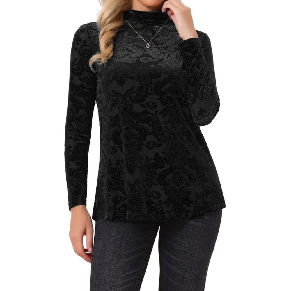 Women's Velvet Burnout Top Turtleneck Sheer Long Sleeve Loose Blouse Black